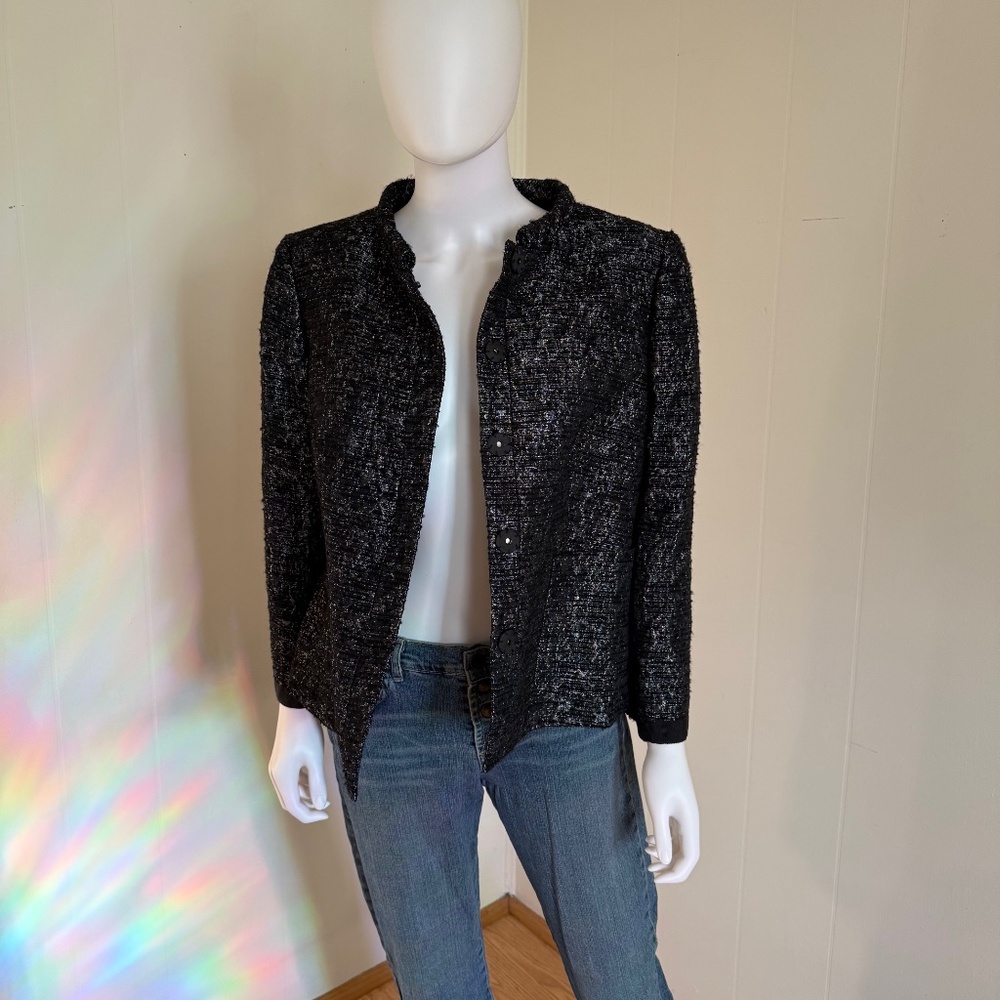 Jones NY Black and Silver Metallic Threaded Blazer Size 14, Snap Closure, Lined